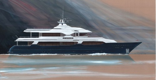Bernie Cohen with the superyacht under construction at the GCCM. © Jeni Bone